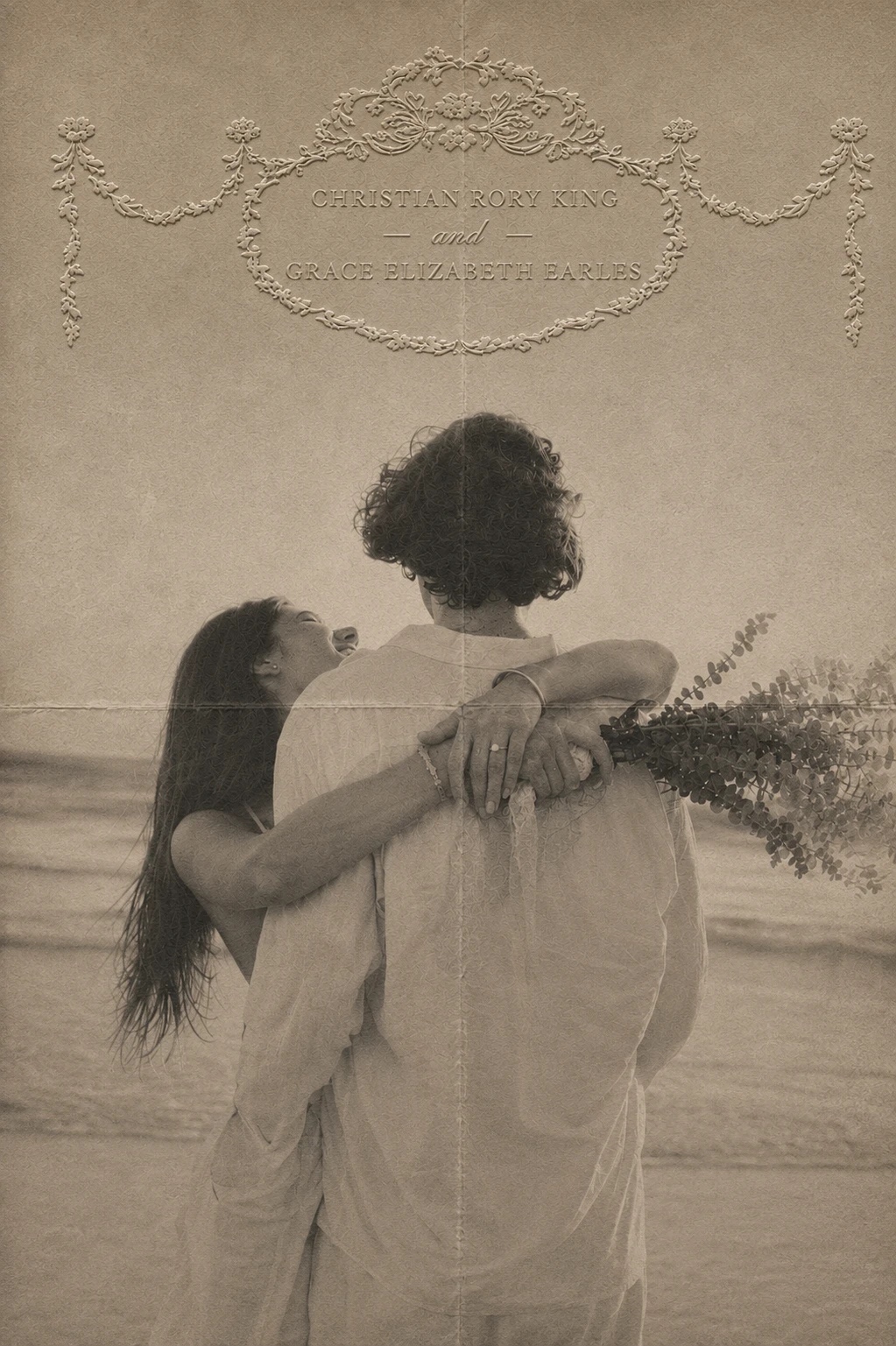 Christian Rory King and Grace Elizabeth Earles on the shore, their names embossed in an ornamental cartouche on folded ivory paper.